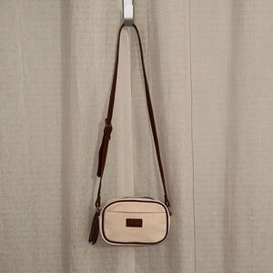 LOUME Ivory Cotton Canvas Faux Cognac Leather Small Crossbody Bag Purse